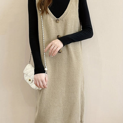 Antmvs Plunging Solid Midi Dress, Elegant Sleeveless Knitted Dress With Buttons, Women's Clothing