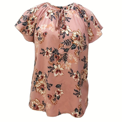 Antmvs  Floral Print Drawstring Blouse, Elegant V Neck Short Sleeve Blouse, Women's Clothing