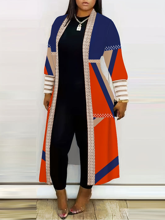 Antmvs Plus Size Casual Coat, Women's Plus Colorblock Geometric Print Long Sleeve Open Front Long Cardigan