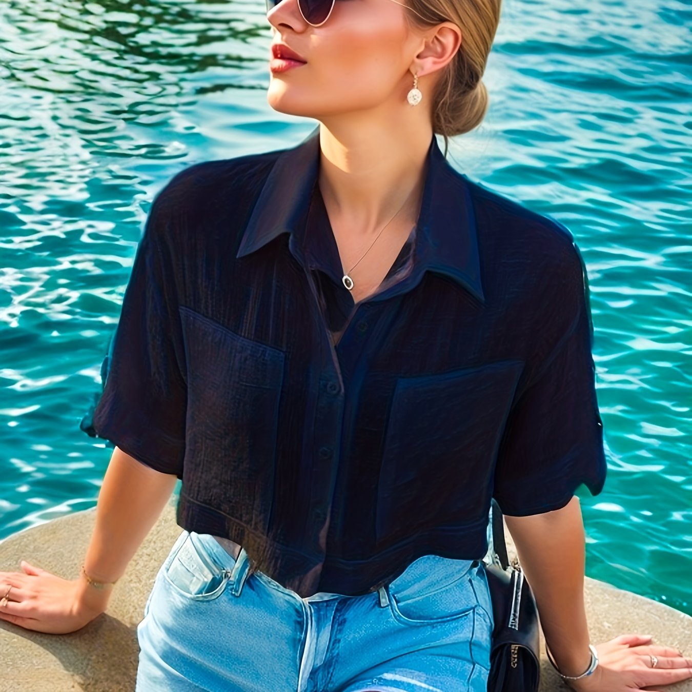 Antmvs Versatile Crop Shirt, Button Down Short Sleeve Shirt, Casual Every Day Tops, Women's Clothing