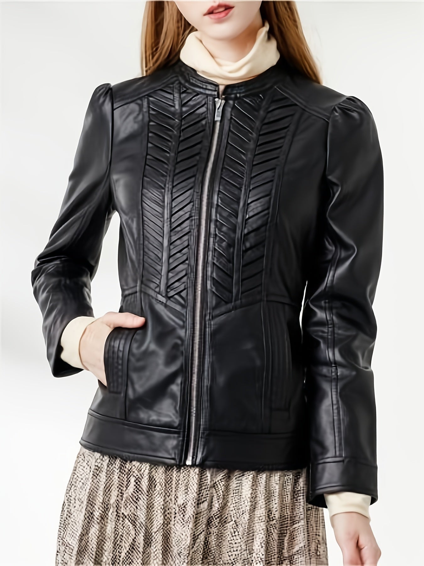 Antmvs Faux Leather PU Zipper Coat, Elegant Woven Pattern Long Sleeve Fashion Loose Slim Outerwear, Women's Clothing