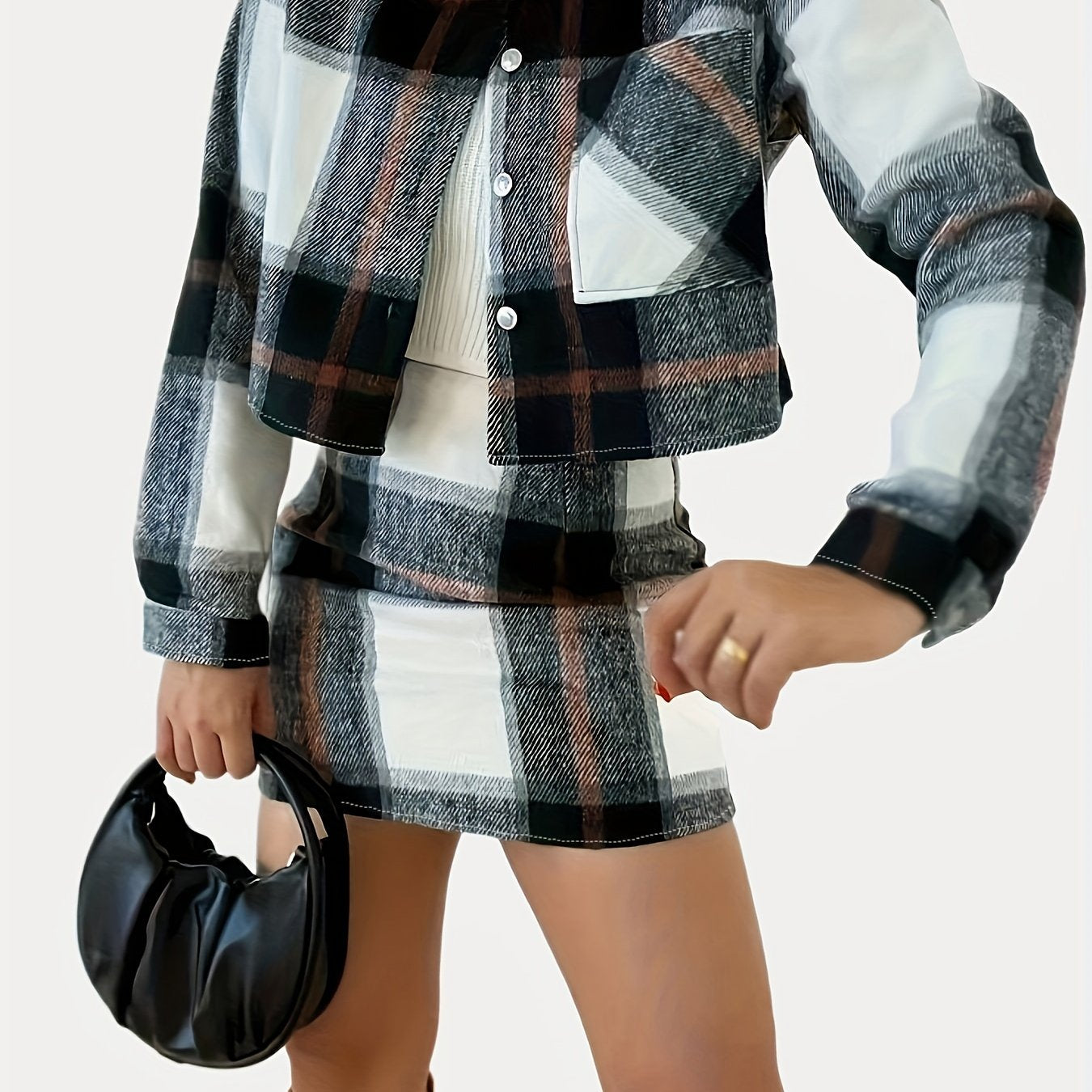 Antmvs Plaid Print Casual Two-piece Set, Button Front Long Sleeve Tops & High Waist Skirts Outfits, Women's Clothing