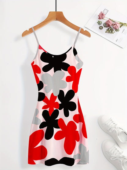 Antmvs Floral Print Bodycon Cami Dress, Sexy Backless Spaghetti Dress, Women's Clothing