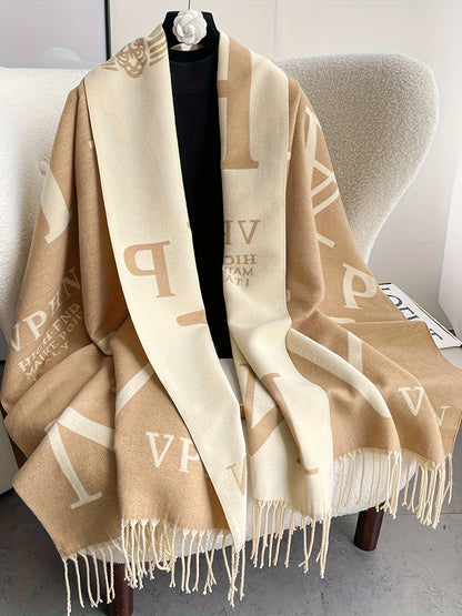 Antmvs Plus Size Elegant Coat, Women's Plus Letter Print Tassel Trim Batwing Sleeve Open Front Shawl Coat