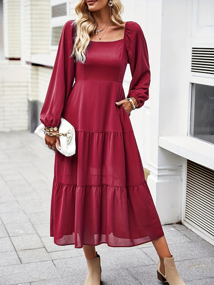 Antmvs Tiered Solid Dress, Elegant Squared Neck Long Sleeve Dress, Women's Clothing