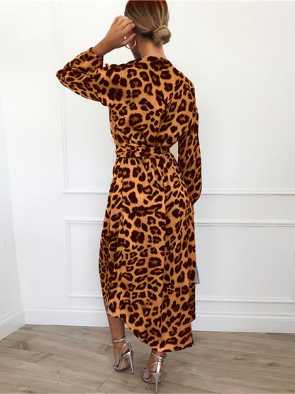 Antmvs Leopard Print V Neck Long Sleeve Dress, Mature Irregular Split High Waist Maxi Dress, Women's Clothing