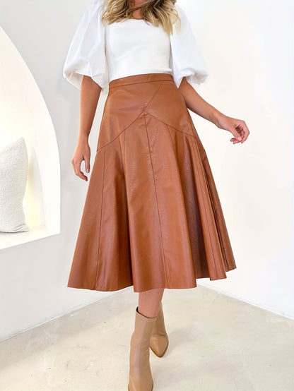 Antmvs Leather Look Pleated Denim Midi Skirt, High Waist Slight Stretch Denim Midi Skirt, Women's Denim Clothing
