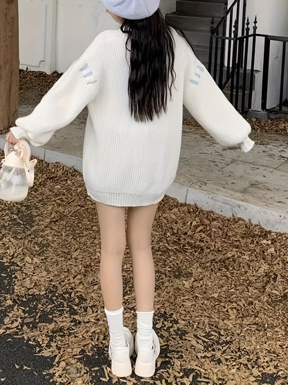 Antmvs Lace Up Button Down Knit Cardigan, Casual Long Sleeve Loose Sweater, Women's Clothing