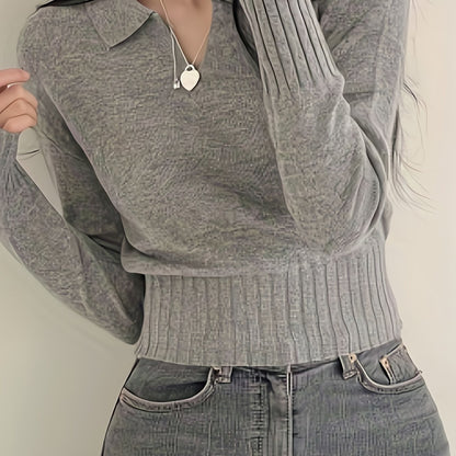 Antmvs Solid Notched  Collar Pullover Sweater, Casual Long Sleeve Crop Sweater For Spring & Fall, Women's Clothing