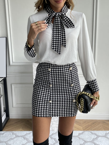 Antmvs Houndstooth Print Two-piece Skirt Set, Tie Neck Long Sleeve Top & Dual Breasted Skirts Outfits, Women's Clothing