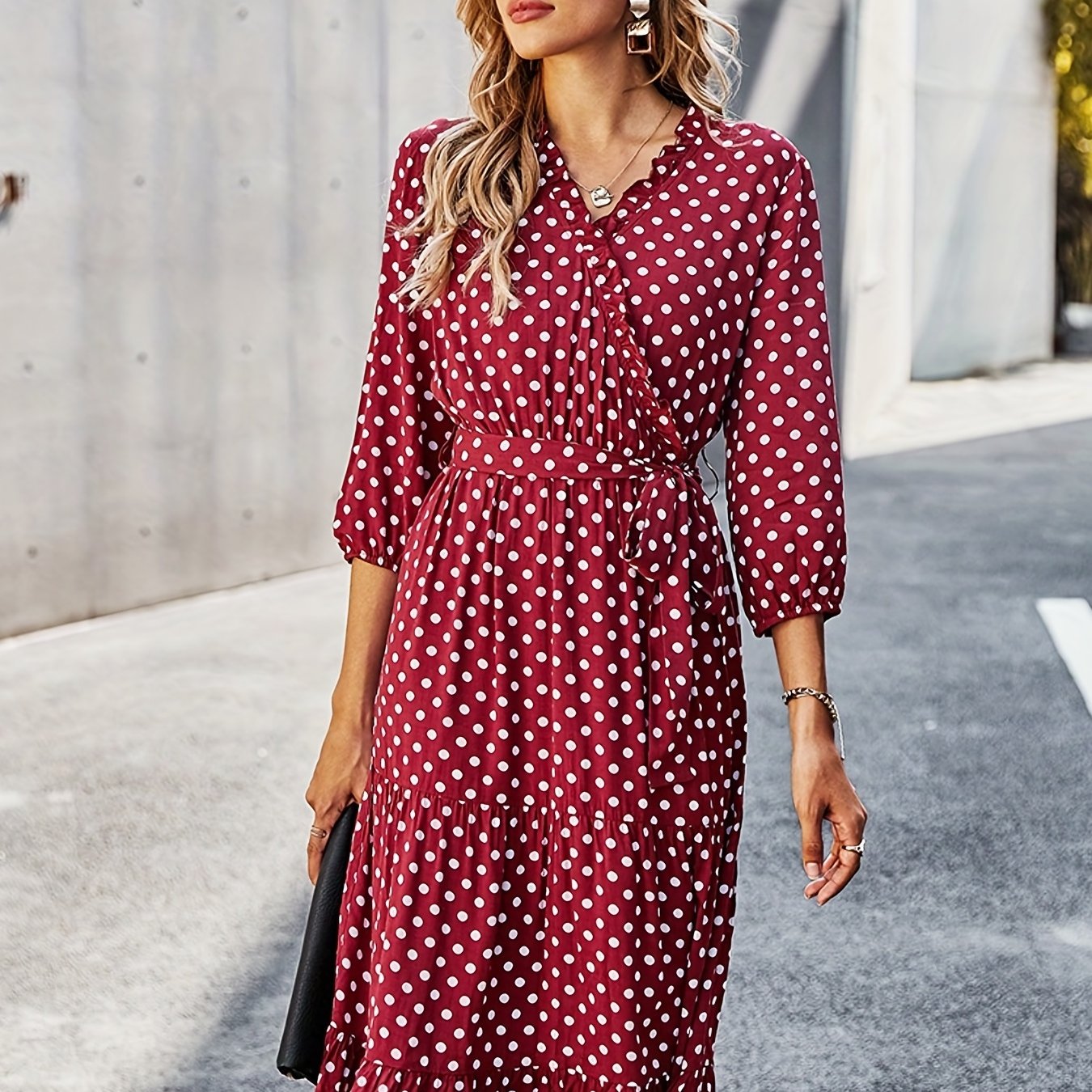 Antmvs Polka Dot Print 3/4 Sleeve Dress, Elegant Wrap Neck Midi Dress, Women's Clothing