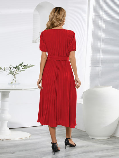 Antmvs Pleated V-neck Long Dress, Elegant Puff Short Sleeve Belt Tie Waist Summer Dresses, Women's Clothing