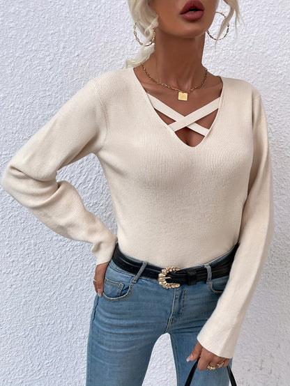 Antmvs Cross V Neck Pullover Sweater, Casual Long Sleeve Solid Sweater, Women's Clothing