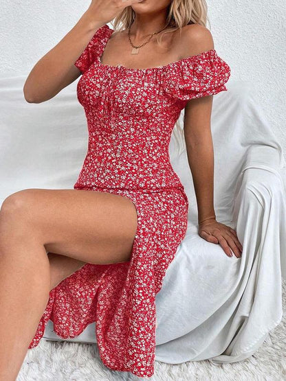 Antmvs -  Women's Ditsy Floral Print Puff Sleeve Split Thigh Dress, Boho Short Sleeve Tie Front Square Neck A Line Midi Dress for Beach Holiday Vacation, Ladies Summer Clothes