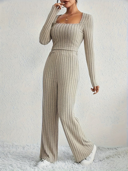 Antmvs Casual Solid Ribbed Two-piece Set, Long Sleeve Top & High Waist Pants Outfits, Women's Clothing