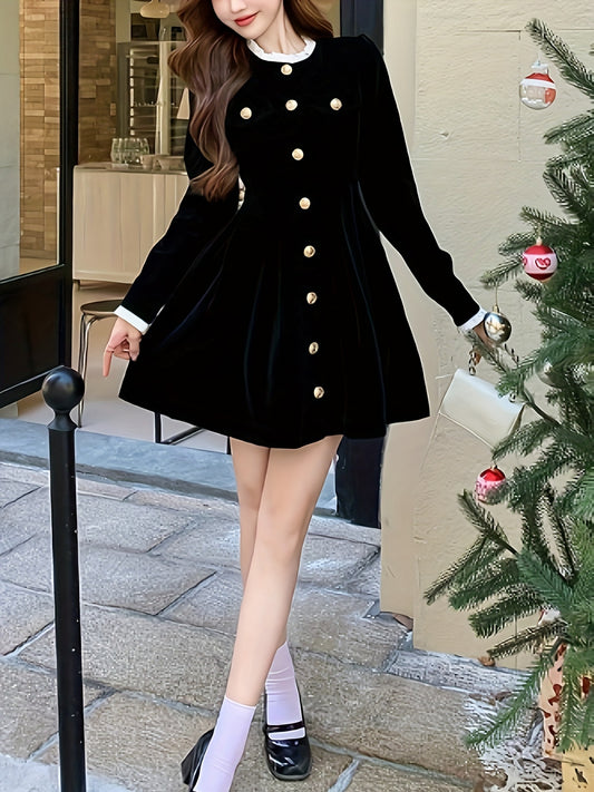 Antmvs Solid Button Front Waist Velvet Dress, Elegant Long Sleeve Frill Trim Dress, Women's Clothing