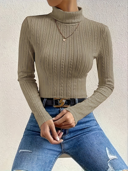 Antmvs Solid Turtleneck Textured T-shirt, Versatile Long Sleeve Slim T-shirt For Fall & Winter, Women's Clothing