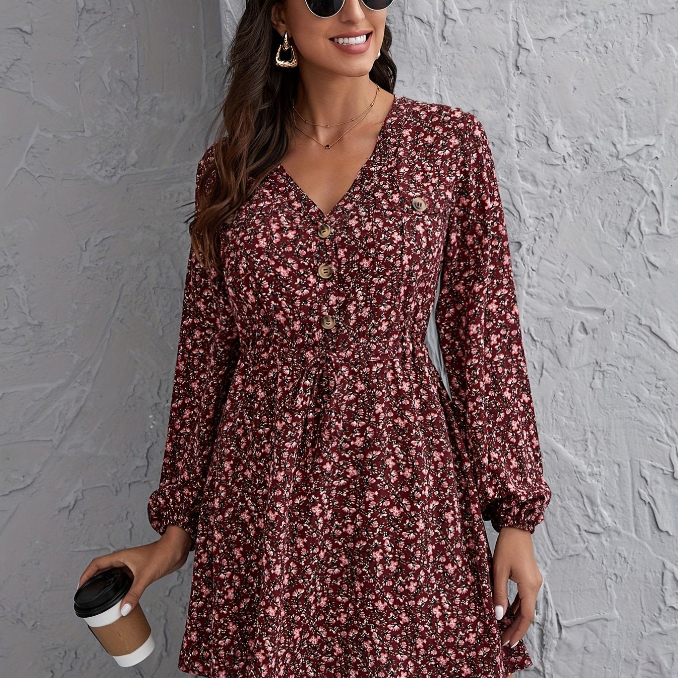 Antmvs Ditsy Floral Print Dress, Elegant V Neck Long Sleeve Dress With Buttons, Women's Clothing