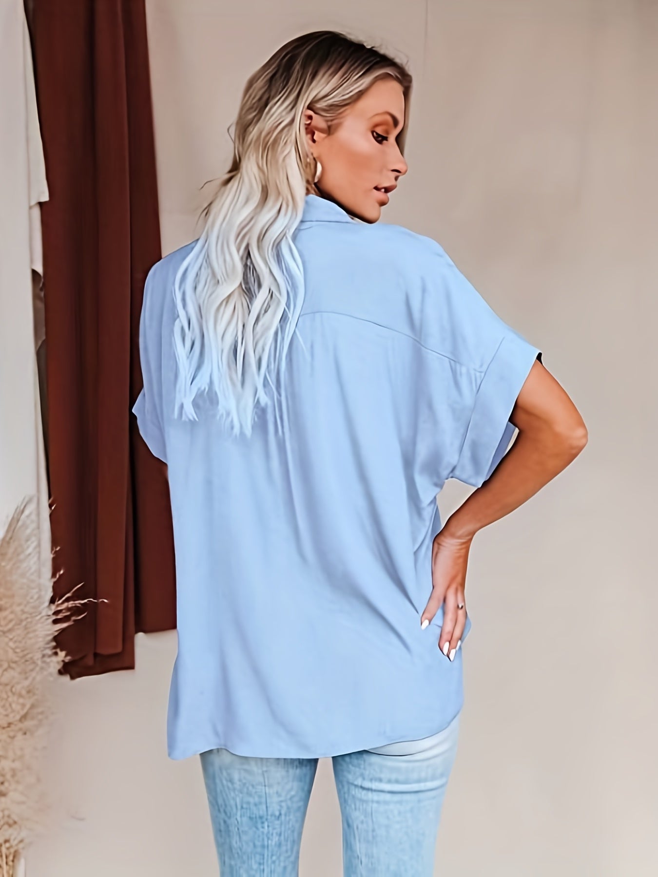 Antmvs  Solid Button Front Shirt, Casual Turn Down Collar Short Sleeve Shirts, Women's Clothing