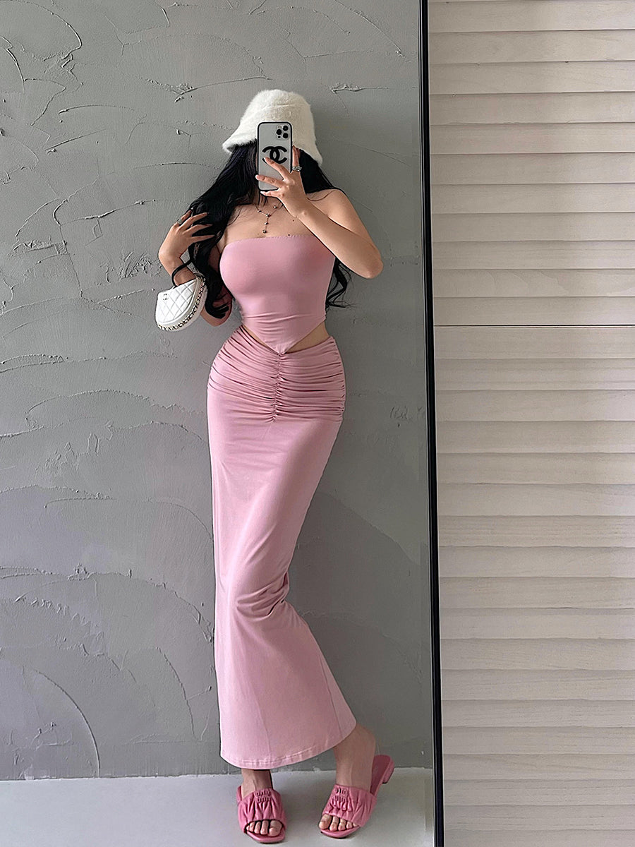 Antmvs Presila Solid Color Sleeveless Slim Bandeau Tube Top + Solid Color Pleated High V-Waist Back Slit Long Slim Skirt Matching Set