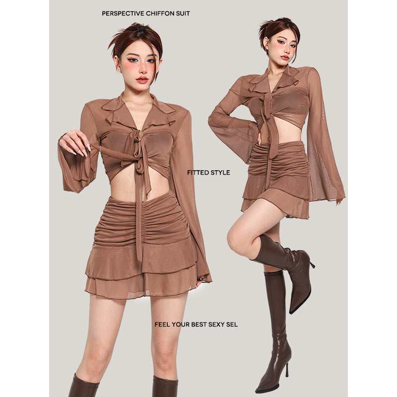 Antmvs Lexi Solid Color Brown Mesh Long Sleeve Front Tie Cropped Top + High Waist Pleated Mini Skirt Matching Set