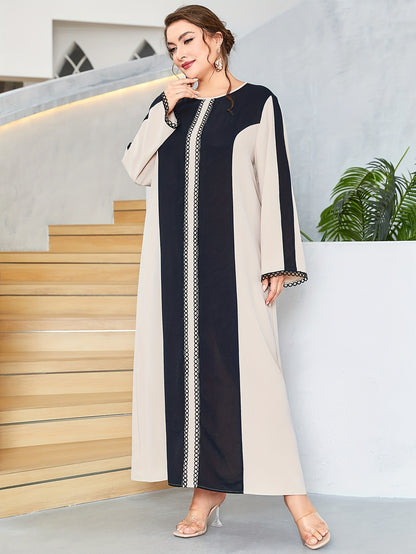 Antmvs Plus Size Casual Dress, Women's Plus Colorblock Long Sleeve Round Neck Maxi Dress