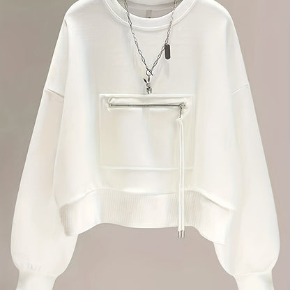 Antmvs Solid Zip Front Pullover Sweatshirt, Casual Long Sleeve Crew Neck Sweatshirt For Fall & Winter, Women's Clothing