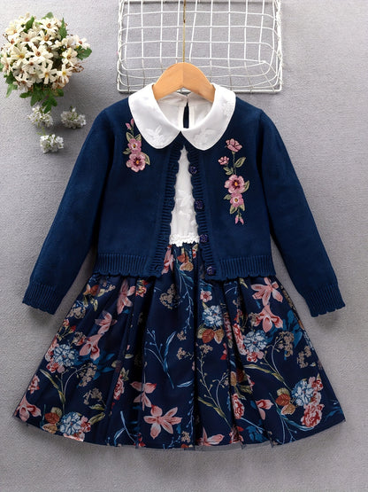 2PCS, 57% cotton Girl's Princess-Style Doll Collar Dress + Long-Sleeve Knit Cardigan - Comfy Fit And Fashion Design - Spring & Fall Clothes, Gift