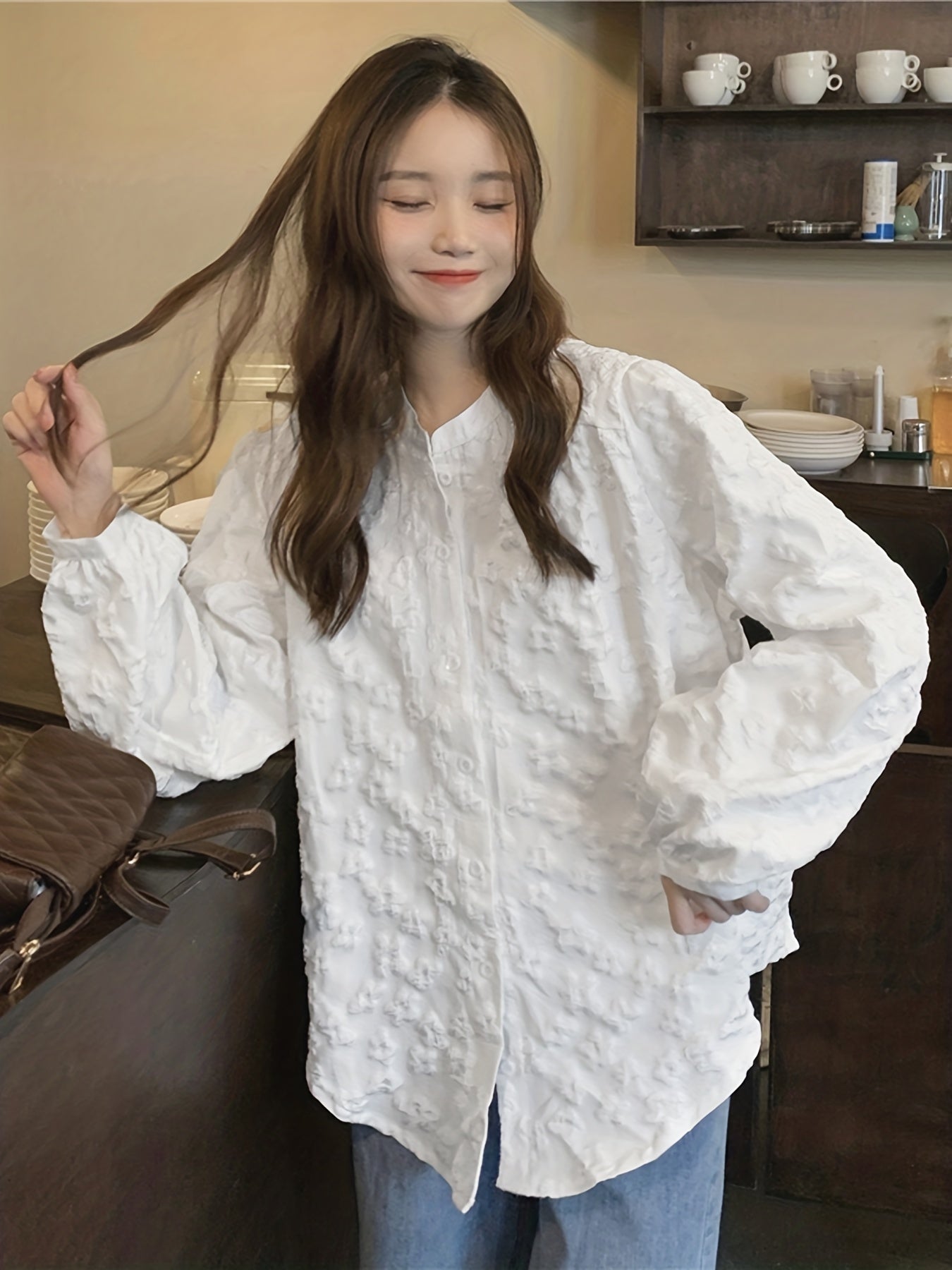 Antmvs Button Front Blouse, Casual Long Sleeve Blouse For Spring & Fall, Women's Clothing