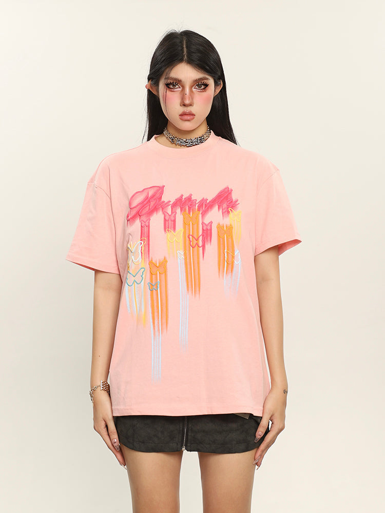 Antmvs Neon Butterfly Graphic Image Print Short Sleeve Cropped Top & Tee