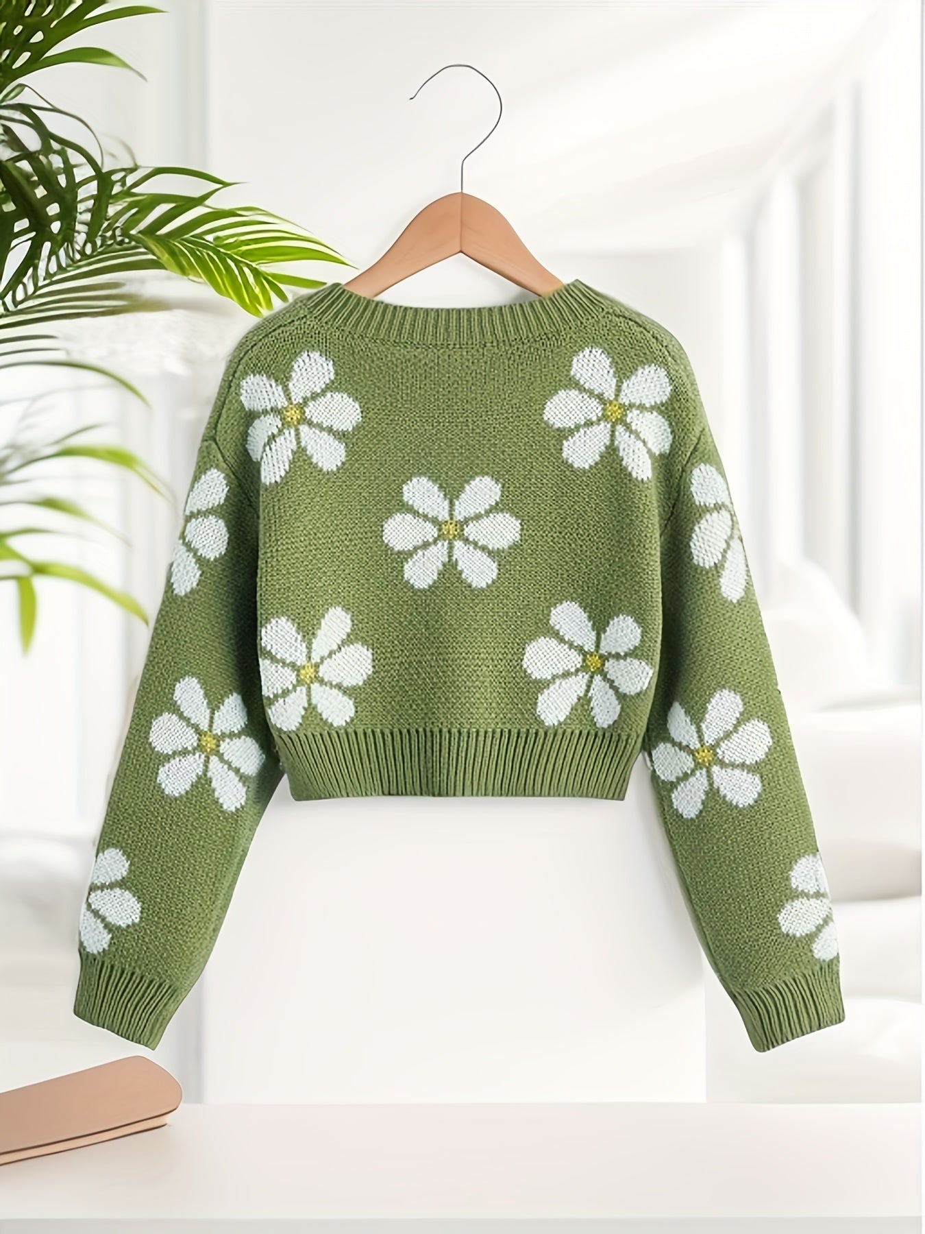 Antmvs Floral Jacquard Girls Drop Shoulder V-neck Knitted Sweater For Fall Winter