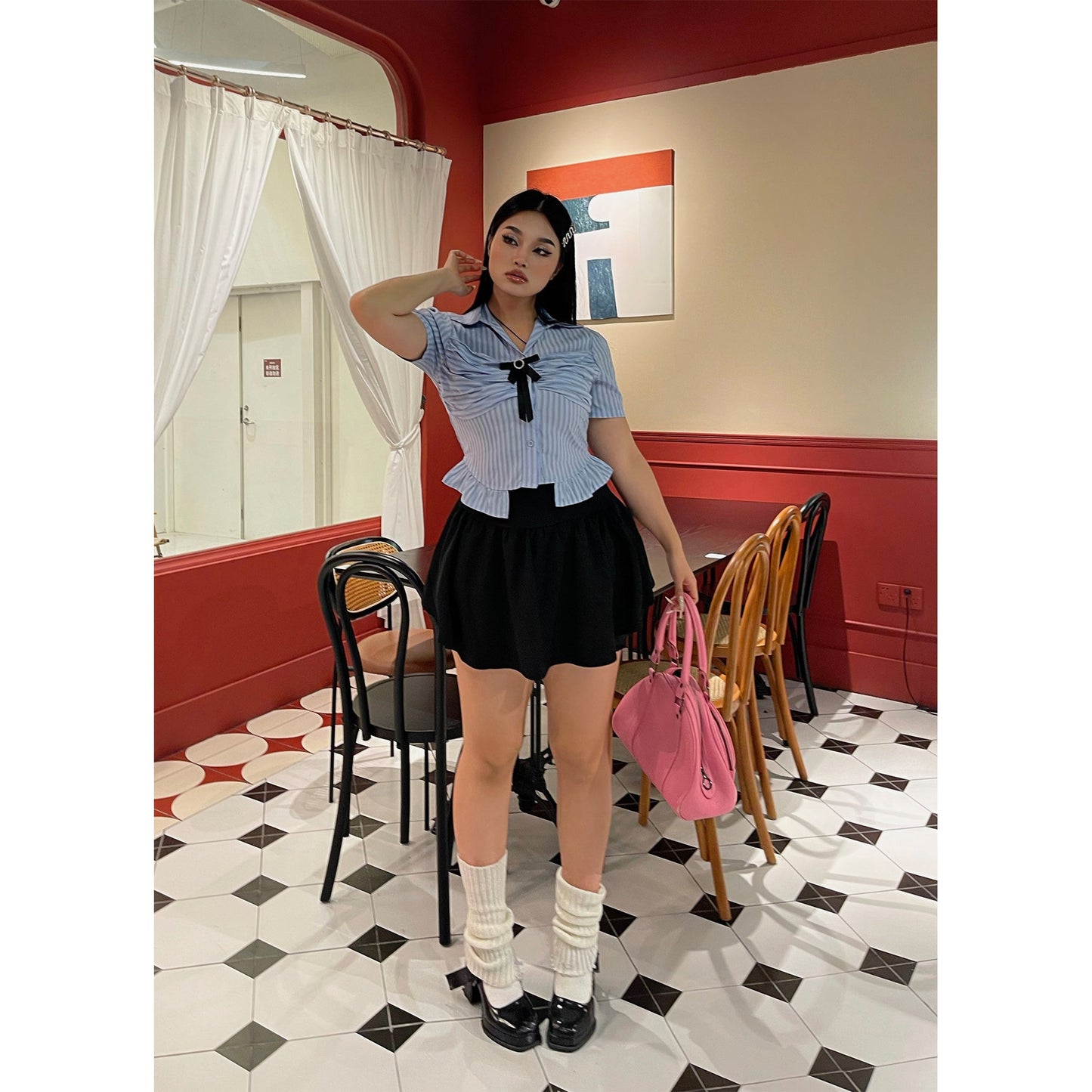 Antmvs Jennie Plus Size Blue Stripe Short Sleeve Bow Silver Brooch Button Up Top + Plus Size Solid Color High Waist Pleated Mini Skirt Cute Matching Set