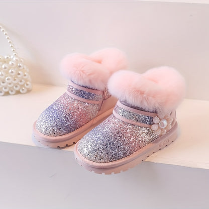 Vibrant Sequin Flower Furry Snow Boots for Girls - Warm, Non-slip, Wear-resistant, Plus Fleece Lined, Comfortable, and Stylish Winter Boots for Autumn and Winter Season