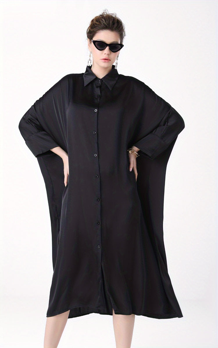 Antmvs Plus Size Casual Dress, Women's Plus Satin Solid Button Up Bat Sleeve Turn Down Collar Oversized Shirt Dress