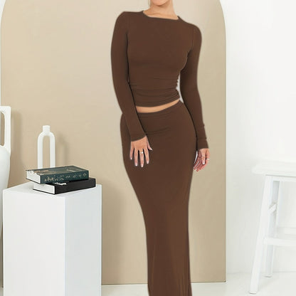 Antmvs Casual Solid Two-piece Set, Crew Neck Long Sleeve Top & Slim Maxi Skirts Outfits, Women's Clothing