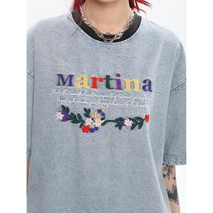 Antmvs Martina Colorful Letter Embroidery Washed Denim Blue Short Sleeve Baggy Long T-shirt Top