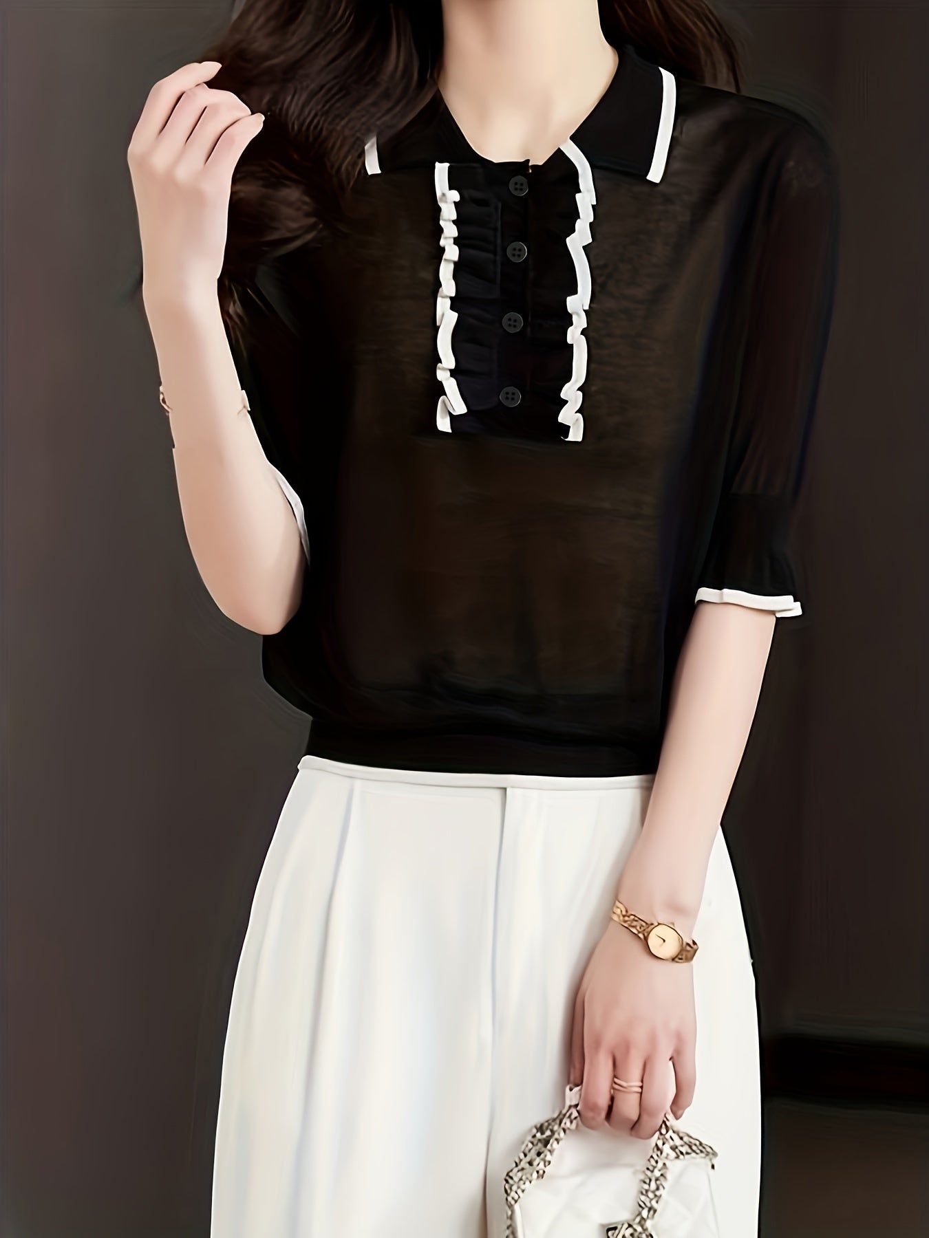 Antmvs Ruffle Trim Knit Sweater, Elegant Short Sleeve Button Front Sweater, Women's Clothing