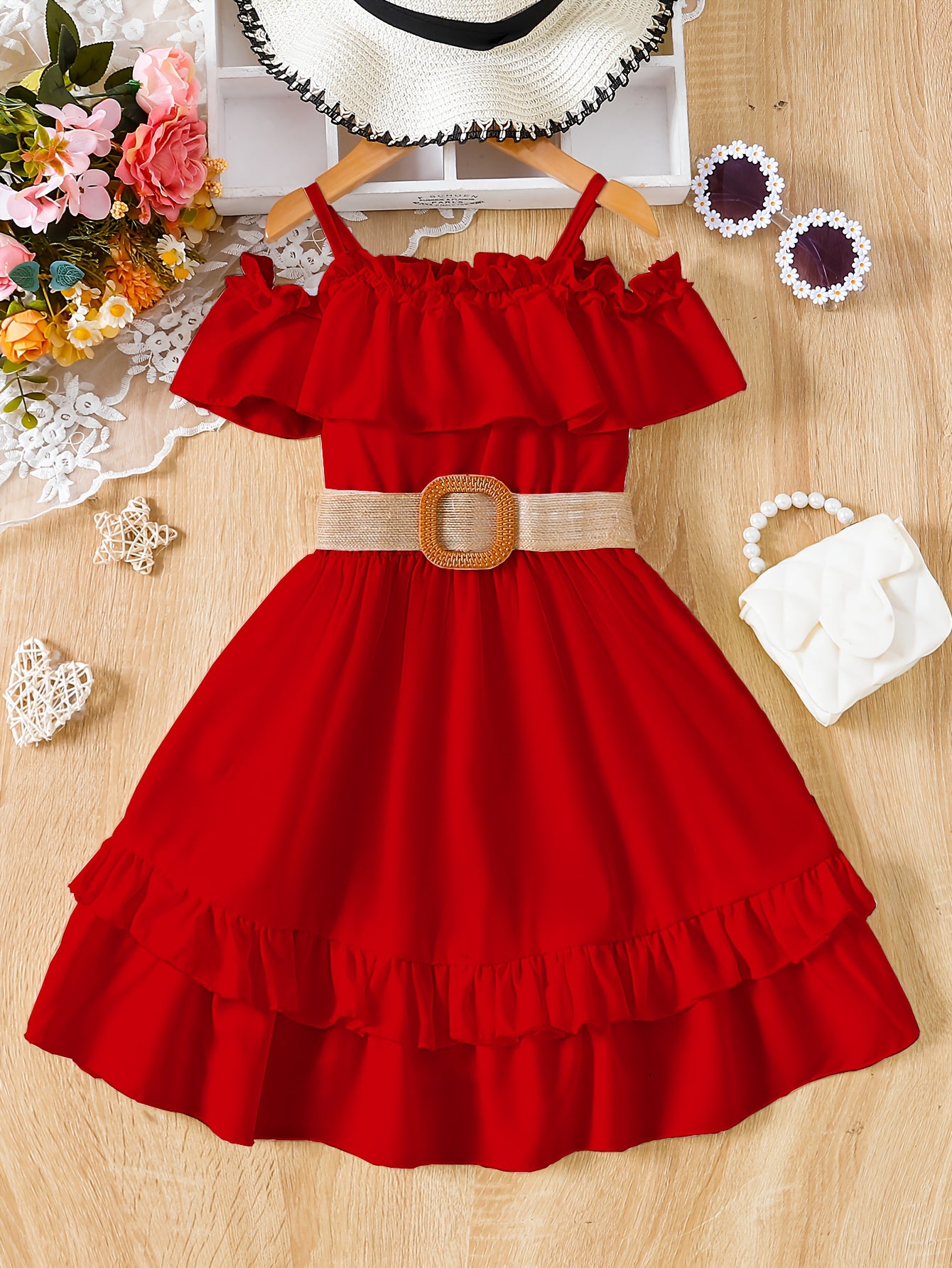 Charming Girls Solid Ruffle Trim Dress - Fashionable Belted Waist for Summer Parties & Holidays - Premium Quality, Comfortable, Ideal Gift