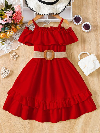 Charming Girls Solid Ruffle Trim Dress - Fashionable Belted Waist for Summer Parties & Holidays - Premium Quality, Comfortable, Ideal Gift