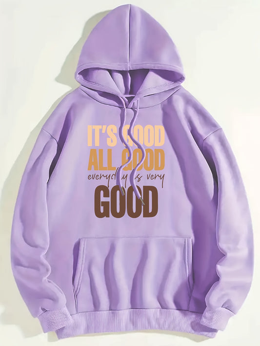 Antmvs Plus Size Casual Sweatshirt, Women's Plus Slogan Print Long Sleeve Drawstring Hooded Pullover Sweatshirt With Kangaroo Pockets, Casual Tops For Fall & Winter, Plus Size Women's Clothing