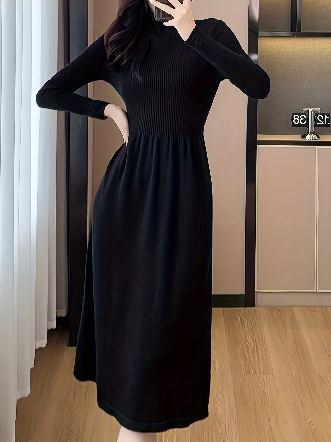 Antmvs Solid Long Sleeve Knit Dress, Elegant Mock Neck A-line Dress For Fall & Winter, Women's Clothing