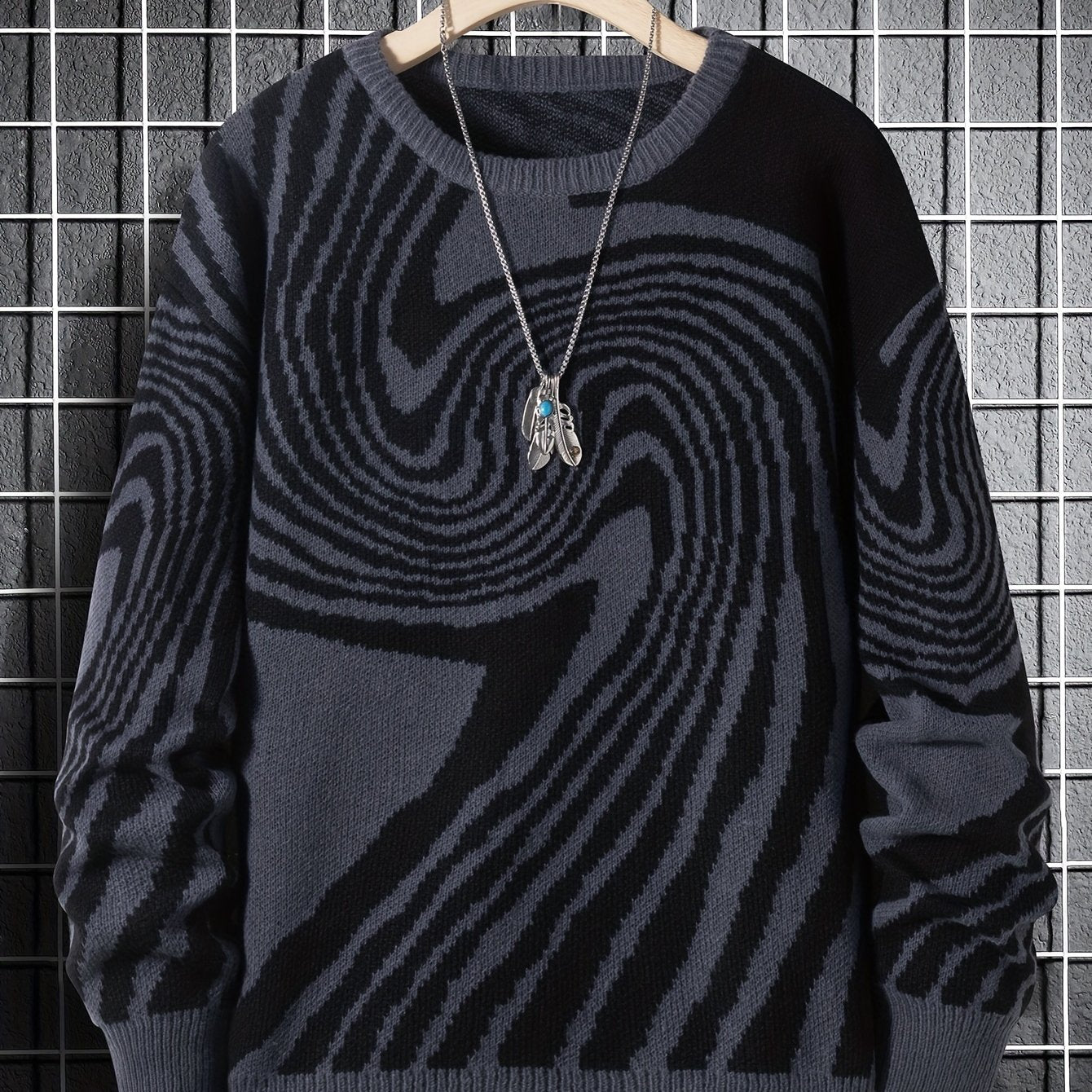 Antmvs Men's Fashion Abstract Graphic Knitted Sweater, Casual Slightly Stretch Breathable Long Sleeve Top For Outdoor Fall Winter