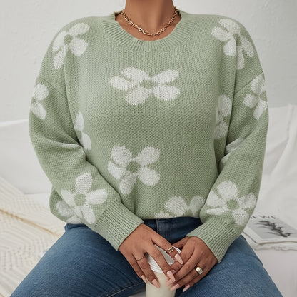 Antmvs Plus Size Casual Sweater, Women's Plus Floral Print Long Sleeve Round Neck Jumper