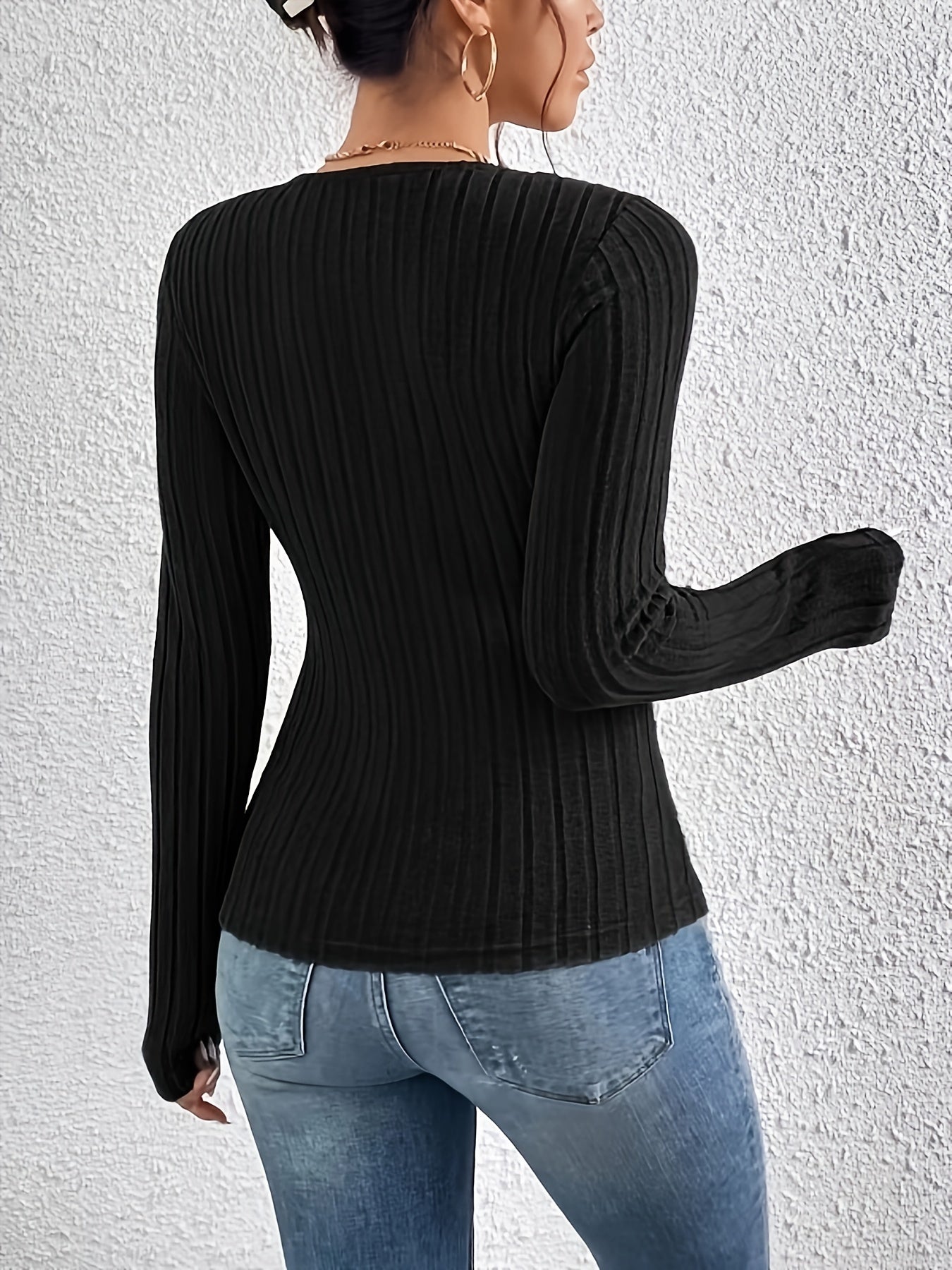Antmvs Ribbed Cross Front V Neck T-Shirt, Casual Long Sleeve Top For Spring & Fall, Women's Clothing