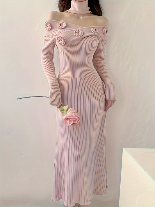 Antmvs Ribbed Floral Decor Dress, Elegant Long Sleeve Bodycon Midi Dress, Women's Clothing