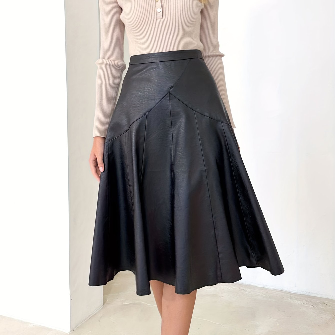 Antmvs Leather Look Pleated Denim Midi Skirt, High Waist Slight Stretch Denim Midi Skirt, Women's Denim Clothing