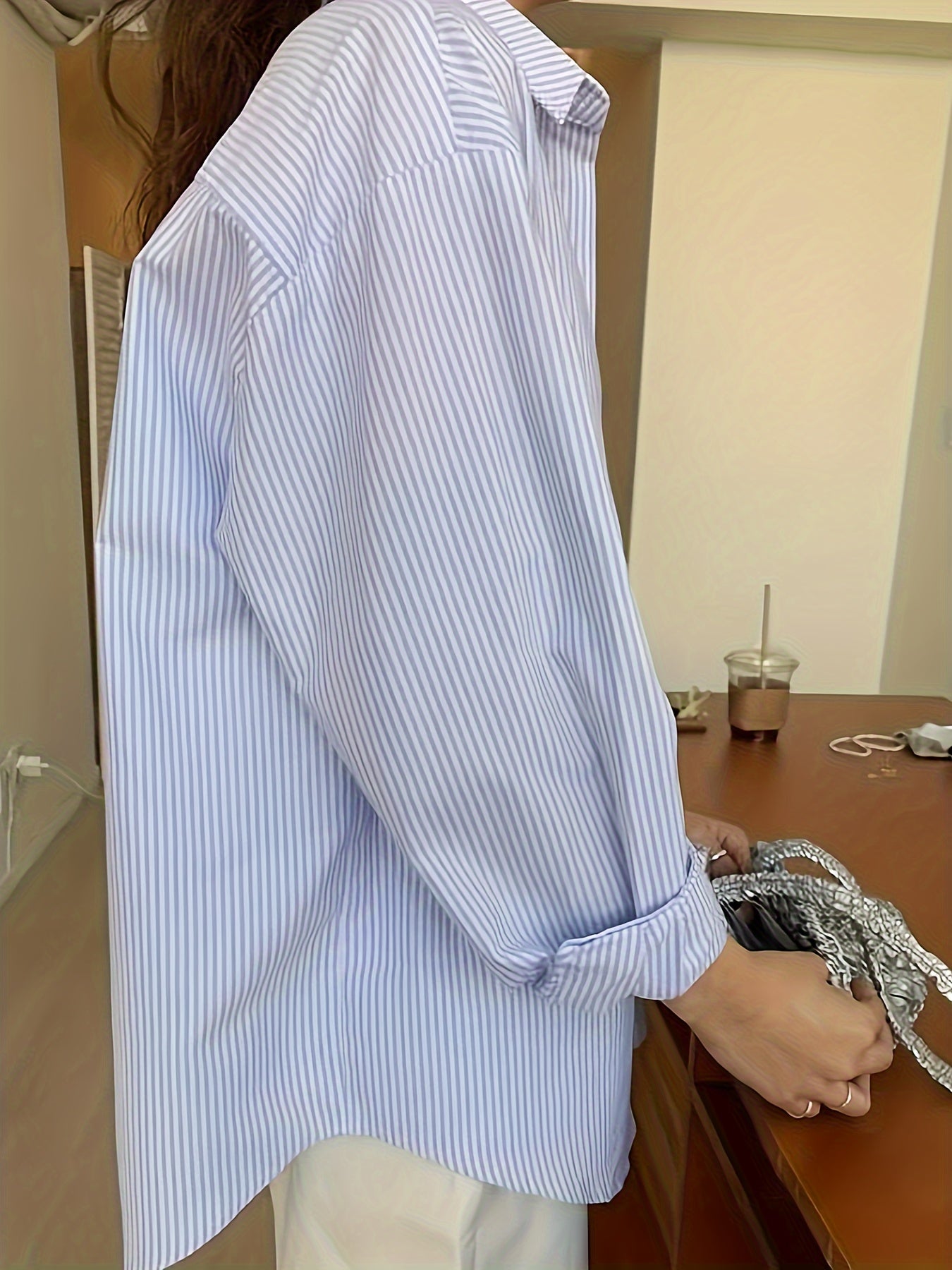 Antmvs Striped Print Patched Pocket Shirt, Vintage Long Sleeve Drop Shoulder Shirt, Women's Clothing