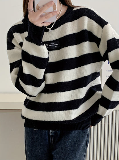 Antmvs Striped Crew Neck Pullover Sweater, Elegant Long Sleeve Loose Sweater, Women's Clothing