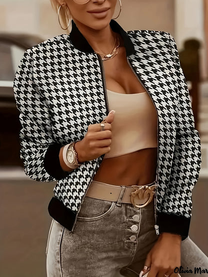 Antmvs Houndstooth Print Bomber Jacket, Casual Zip Up Long Sleeve Outerwear, Women's Clothing