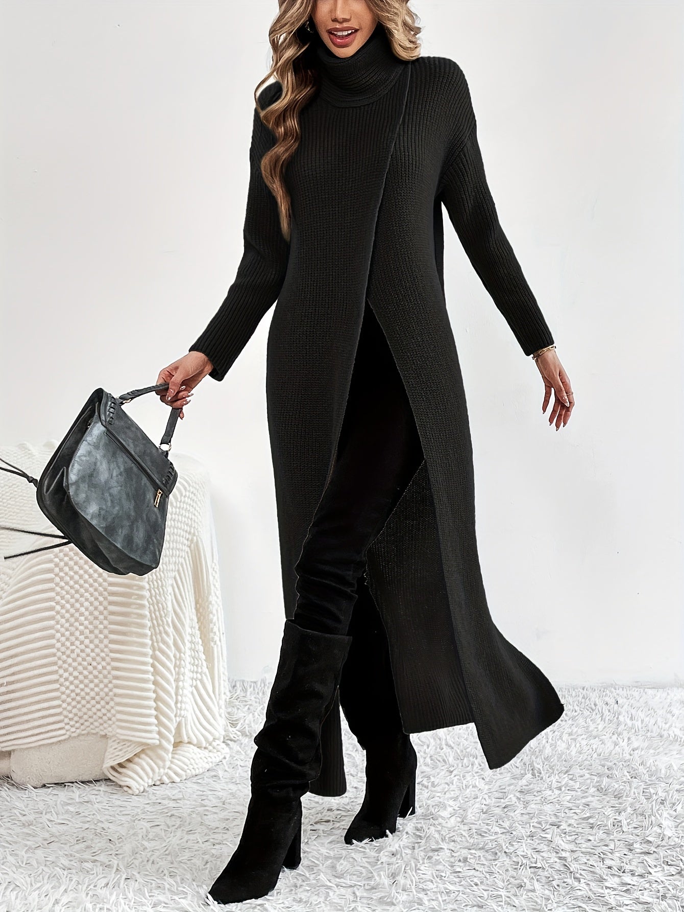 Antmvs Solid High Neck Split Dress, Elegant Long Sleeve Maxi Dress, Women's Clothing